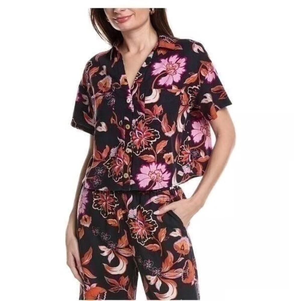 Laundry By Shelli Segal Dark Navy Floral Button Front Top Size L. NEW